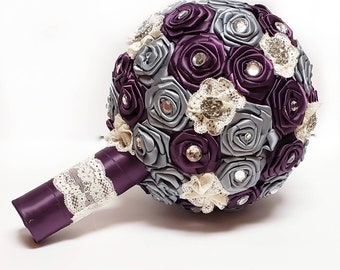 Purple, Gray and Ivory Bridal Bouquet, Ribbon Rose Bridal Bouquet, Brooch Bouquet, Lace Flowers, Ribbon Rosettes, Rhinestones and Pearls