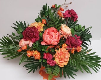Orange and Fuschia Bridal Bouquet, Tropical Wedding, Orange Peony, Magenta Carnations, Ranunculus, Fern, Destination Wedding, Beach, Summer
