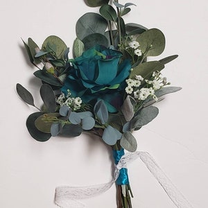 Teal Wedding Flowers, Eucalyptus Bouquet, Rose Bridesmaid Bouquets. Beach Wedding, Silk Flowers, Babies Breath Bouquets, Peacock Rose