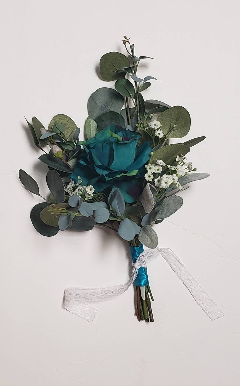 Teal Wedding Flowers, Eucalyptus Bouquet, Rose Bridesmaid Bouquets. Beach Wedding, Silk Flowers, Babies Breath Bouquets, Peacock Rose image 1