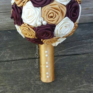 Gold, Burgundy and Ivory Bouquet Fabric Bridal Bouquet Ribbon Rose Bouquet Rosettes Fall Bridal Bouquet Pearl Wedding Antique image 10