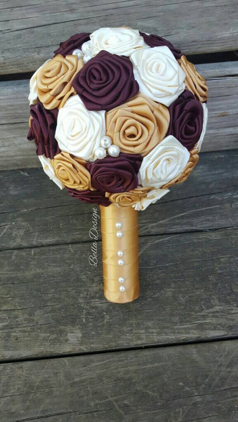 Gold, Burgundy and Ivory Bouquet Fabric Bridal Bouquet Ribbon Rose Bouquet Rosettes Fall Bridal Bouquet Pearl Wedding Antique image 10