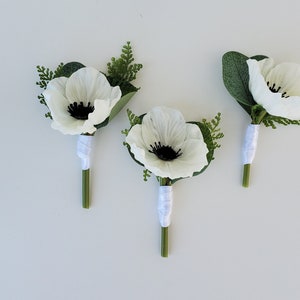 Ivory Anemone Boutonniere with Mixed Greenery, Groomsmen Boutonniere, Spring Summer Wedding, Men's Flower, Prom