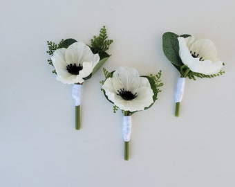 Ivory Anemone Boutonniere with Mixed Greenery, Groomsmen Boutonniere, Spring Summer Wedding, Men's Flower, Prom