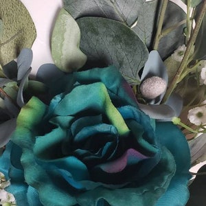 Teal Wedding Flowers, Eucalyptus Bouquet, Rose Bridesmaid Bouquets. Beach Wedding, Silk Flowers, Babies Breath Bouquets, Peacock Rose image 2