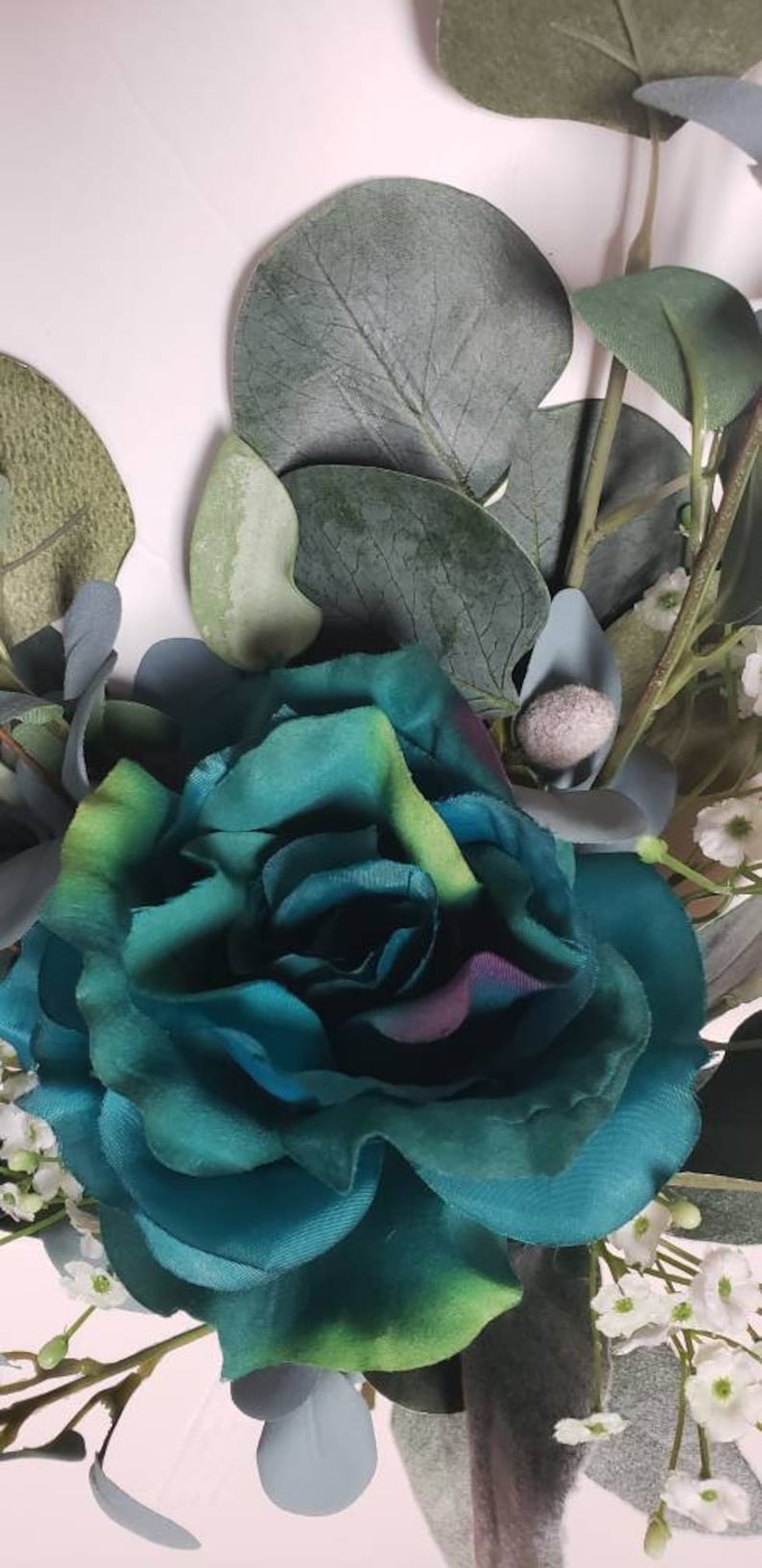 Teal Wedding Flowers, Eucalyptus Bouquet, Rose Bridesmaid Bouquets. Beach Wedding, Silk Flowers, Babies Breath Bouquets, Peacock Rose image 2