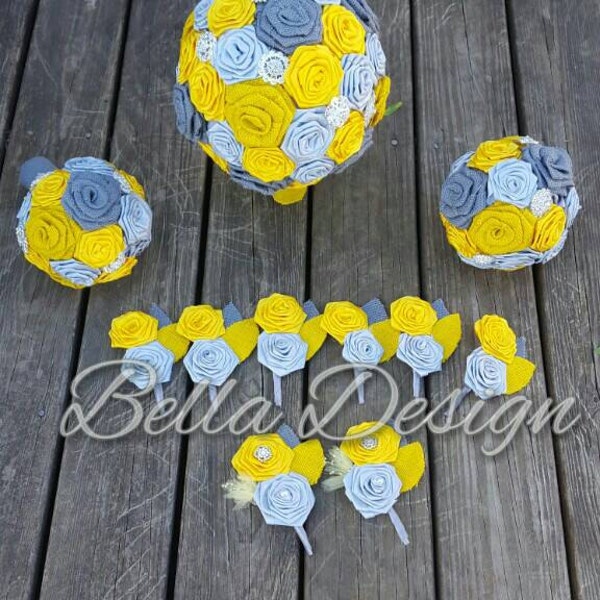 Yellow and Grey Bridal Bouquet - Ribbon Rose Bouquet - Burlap and Brooches - Fabric Wedding Flowers for Bridal Party - Rosettes - Summer -