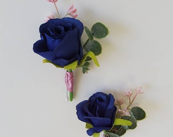 Navy Blue Rose Boutonniere with Mixed Greenery,  Eucalyptus, Groomsmen Boutonniere, Blush Wedding, Spring Summer Wedding, Men's Flower, Prom