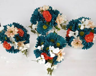 Turquoise Teal and Coral Bridal Bouquet Set with Daisies, Roses, and Greenery, Spring Wedding, Fake Wedding Flowers for Bridal Party, Brides