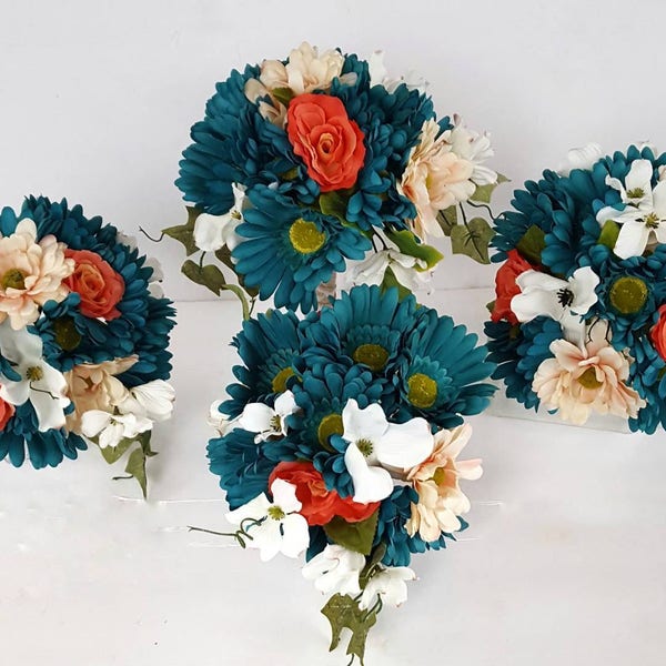 Turquoise Teal and Coral Bridal Bouquet Set with Daisies, Roses, and Greenery, Spring Wedding, Fake Wedding Flowers for Bridal Party, Brides
