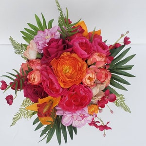 Orange and Fuschia Bridal Bouquet, Tropical Wedding, Orange Peony, Magenta Carnations, Ranunculus, Fern, Destination Wedding, Beach, Summer