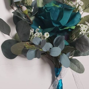 Teal Wedding Flowers, Eucalyptus Bouquet, Rose Bridesmaid Bouquets. Beach Wedding, Silk Flowers, Babies Breath Bouquets, Peacock Rose image 4