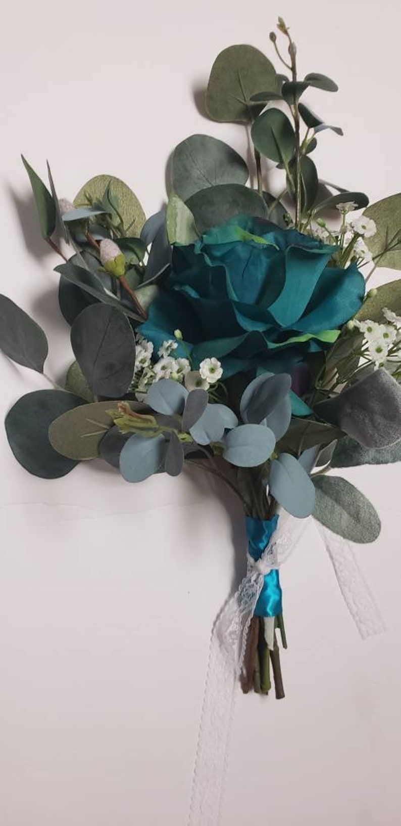 Teal Wedding Flowers, Eucalyptus Bouquet, Rose Bridesmaid Bouquets. Beach Wedding, Silk Flowers, Babies Breath Bouquets, Peacock Rose image 4