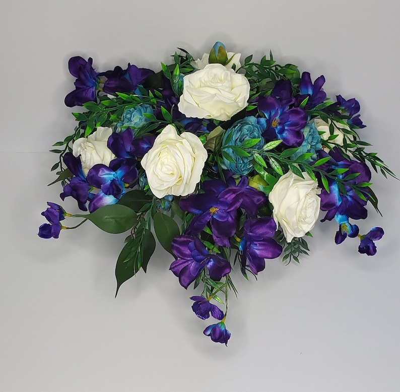Puple and Teal Bridal Bouquet, Large Cascade Bridal Bouquet, Purple Orchids, White Roses, Teal Peonies, Greenery, Artificial Silk Flowers image 1