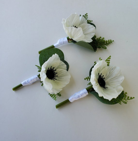 Ivory Anemone Boutonniere With Mixed Greenery, Groomsmen ...