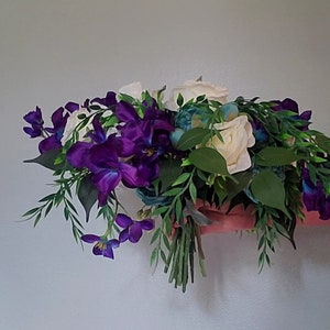 Puple and Teal Bridal Bouquet, Large Cascade Bridal Bouquet, Purple Orchids, White Roses, Teal Peonies, Greenery, Artificial Silk Flowers image 7