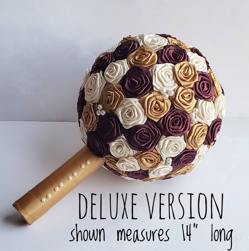 Gold, Burgundy and Ivory Bouquet Fabric Bridal Bouquet Ribbon Rose Bouquet Rosettes Fall Bridal Bouquet Pearl Wedding Antique image 2
