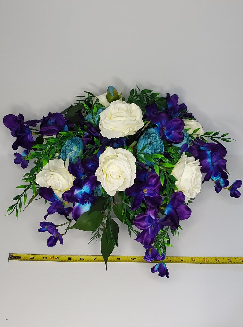 Puple and Teal Bridal Bouquet, Large Cascade Bridal Bouquet, Purple Orchids, White Roses, Teal Peonies, Greenery, Artificial Silk Flowers image 6