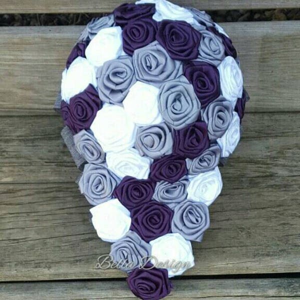 Cascading Bridal Bouquet - Purple, Grey, and White Bouquet - Regency and Slate Ribbon Rose- Grooms Boutonniere- Grey Burlap - Burlap Bouquet