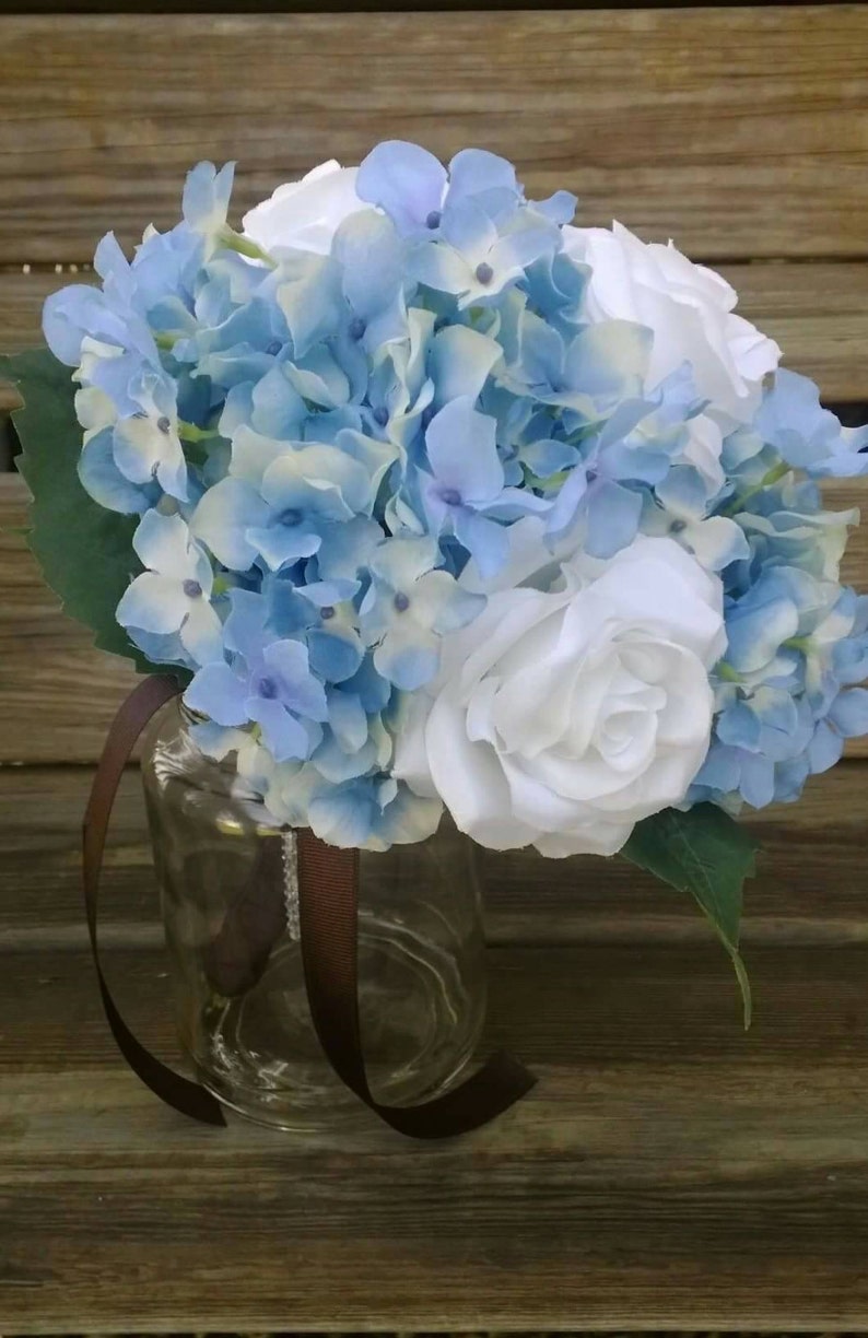 Blue Hydrangea Bridal Bouquet with White Roses and Initial | Etsy