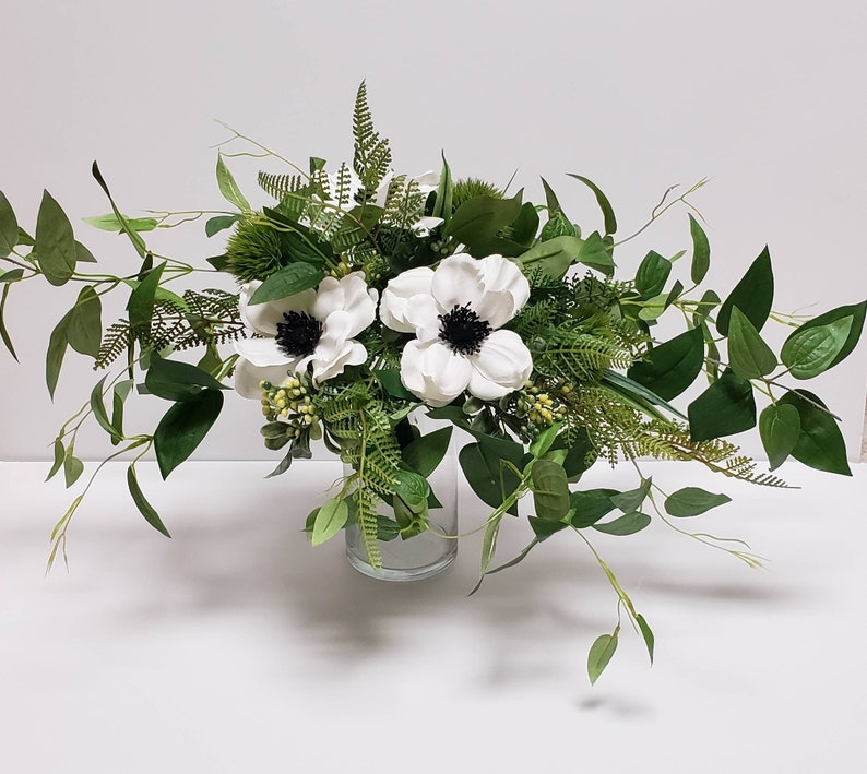 White Anemone Bridal Bouquet made with Ferns and Ivy, Spring Garden Style Bouquet, Greenery Bouquet, Summer Bouquet, Nautical Wedding, Beach image 3