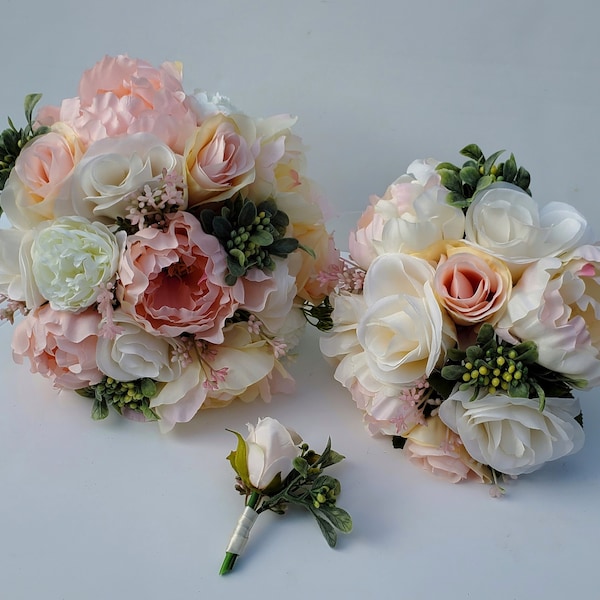Pink and Ivory Bridal Bouquet, Rose's and Peonies, Dusty Rose Wedding Flowers, Spring Summer Fake Flowers