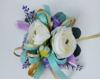 Homecoming Corsage and Boutonniere Set, Teal, Gold and Lavender Sparkly Wrist Floral, White Rose and Purple Accent, Prom, Dance Flowers