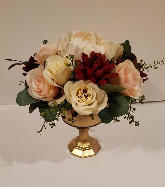 Gold Compote Centerpiece, Burgundy Blush and Ivory Floral Decor, Mums and  Peony, Silk Eucalyptus, Greenery, Low, Round Special Event 