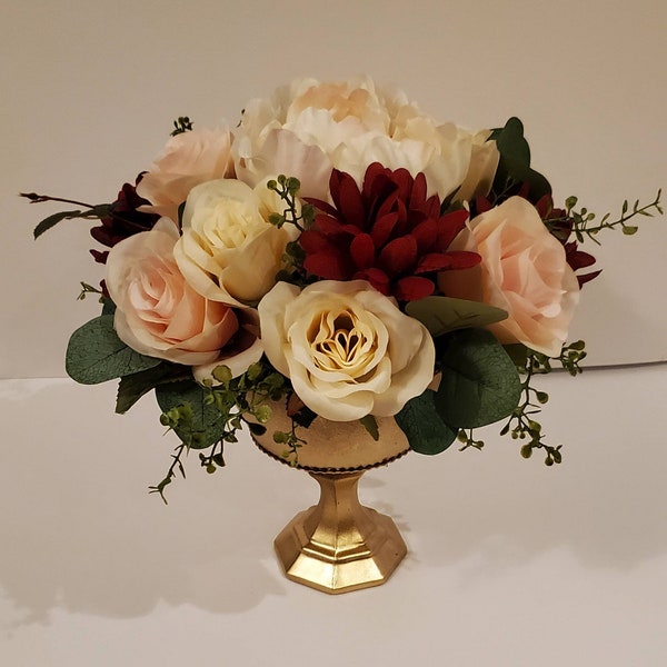 Gold Compote Centerpiece, Burgundy Blush and Ivory Floral Decor, Mums and Peony, Silk Eucalyptus, Greenery, Low, Round Special Event