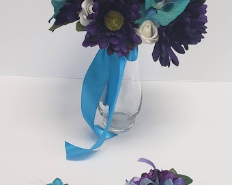 Purple and Turquoise Teal Bridal Bouquet Set with Roses,Teal Blue Orchids and Daisies | Silk Wedding Flowers for Bridal Party |