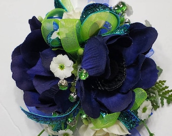 Royal Purple Prom Corsage, White Rose and Purple Anemone Wrist Corsage, Sparkle and Rhinestone, Bright Glitter Ribbon, Homecoming Corsage