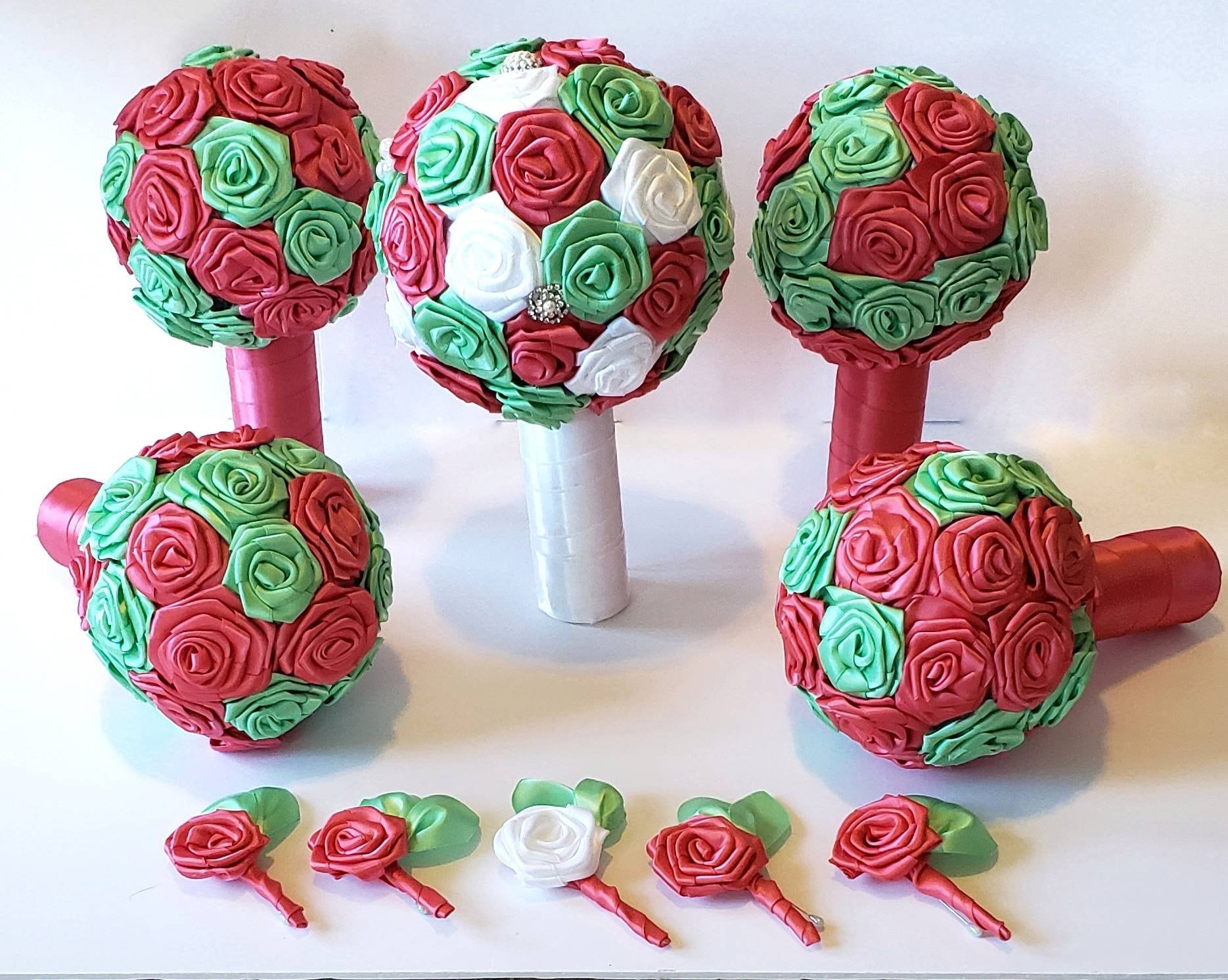 Coral and Mint Bridal Bouquet Set Satin Ribbon Rose's Etsy