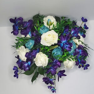 Puple and Teal Bridal Bouquet, Large Cascade Bridal Bouquet, Purple Orchids, White Roses, Teal Peonies, Greenery, Artificial Silk Flowers image 2