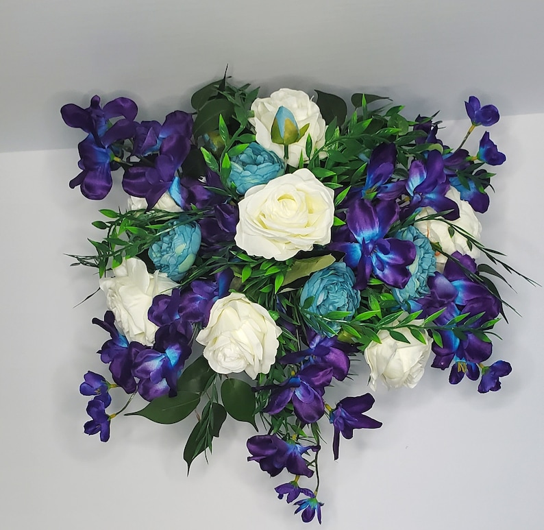Puple and Teal Bridal Bouquet, Large Cascade Bridal Bouquet, Purple Orchids, White Roses, Teal Peonies, Greenery, Artificial Silk Flowers image 2