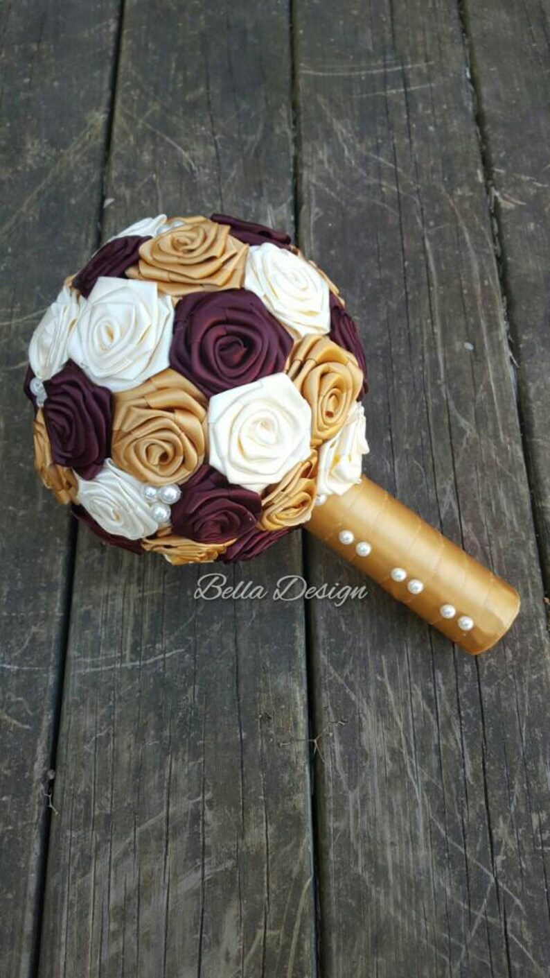 Gold, Burgundy and Ivory Bouquet Fabric Bridal Bouquet Ribbon Rose Bouquet Rosettes Fall Bridal Bouquet Pearl Wedding Antique image 6