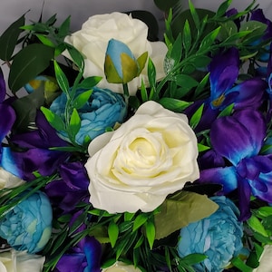 Puple and Teal Bridal Bouquet, Large Cascade Bridal Bouquet, Purple Orchids, White Roses, Teal Peonies, Greenery, Artificial Silk Flowers image 5