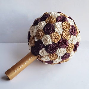 Gold, Burgundy and Ivory Bouquet Fabric Bridal Bouquet Ribbon Rose Bouquet Rosettes Fall Bridal Bouquet Pearl Wedding Antique image 1