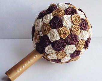Gold, Burgundy and Ivory Bouquet - Fabric Bridal Bouquet - Ribbon Rose Bouquet - Rosettes - Fall Bridal Bouquet - Pearl Wedding - Antique-