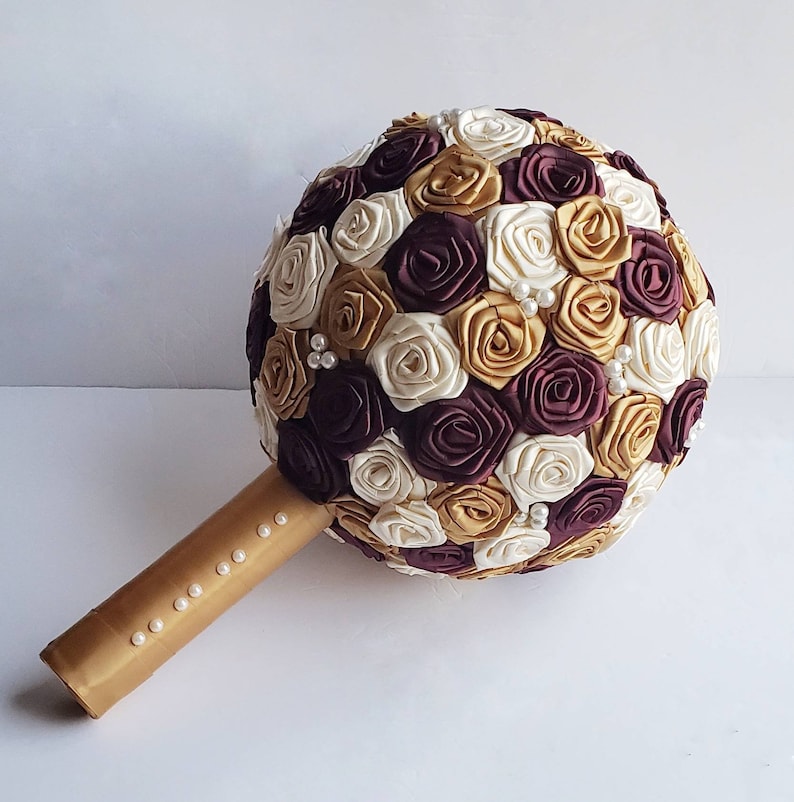 Gold, Burgundy and Ivory Bouquet Fabric Bridal Bouquet Ribbon Rose Bouquet Rosettes Fall Bridal Bouquet Pearl Wedding Antique image 1