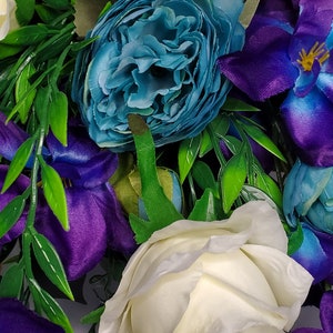 Puple and Teal Bridal Bouquet, Large Cascade Bridal Bouquet, Purple Orchids, White Roses, Teal Peonies, Greenery, Artificial Silk Flowers image 4