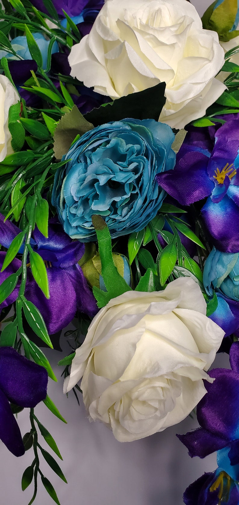 Puple and Teal Bridal Bouquet, Large Cascade Bridal Bouquet, Purple Orchids, White Roses, Teal Peonies, Greenery, Artificial Silk Flowers image 4
