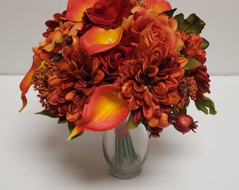 Fall Bridal Bouquet, Artificial Wedding Flowers, Red Roses, Orange Lilies, Orange Roses, Silk Wedding Flowers, Berries, Orange Zinnias