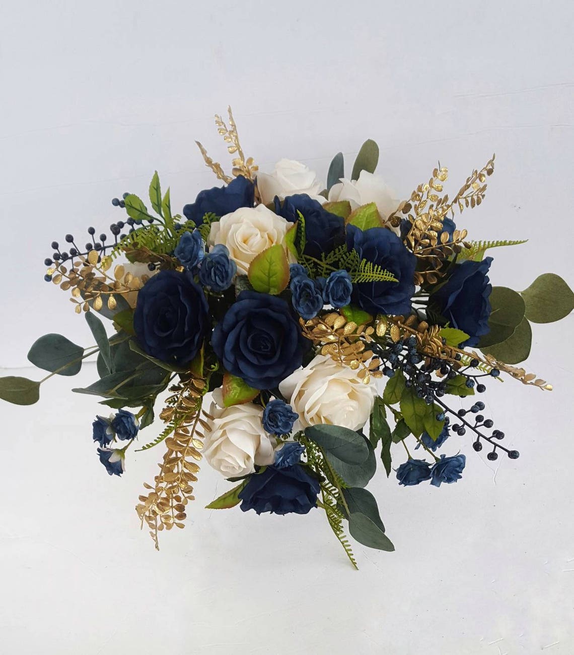 Navy and Ivory Bridal Bouquet Rose Bouquet Boho Silk image 1