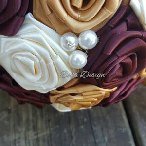 Gold, Burgundy and Ivory Bouquet Fabric Bridal Bouquet Ribbon Rose Bouquet Rosettes Fall Bridal Bouquet Pearl Wedding Antique image 8