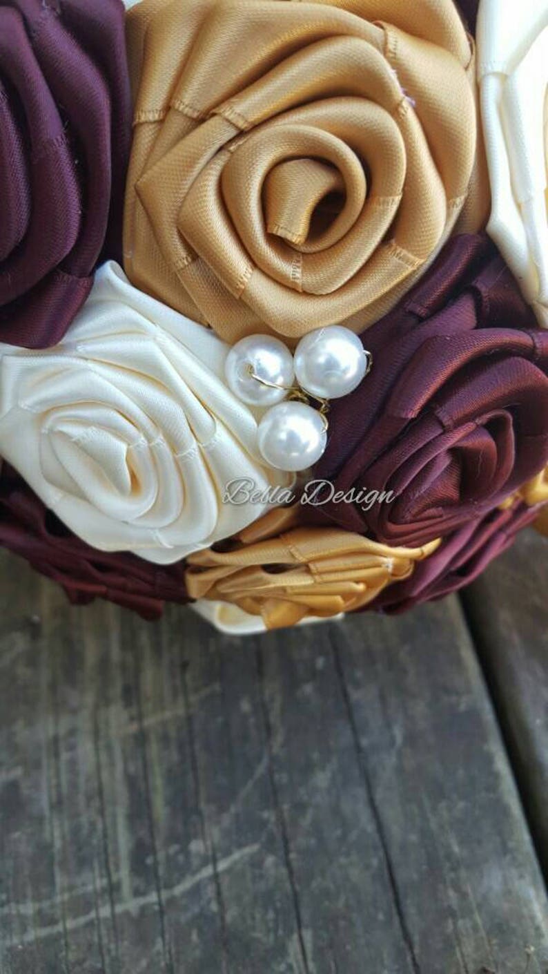 Gold, Burgundy and Ivory Bouquet Fabric Bridal Bouquet Ribbon Rose Bouquet Rosettes Fall Bridal Bouquet Pearl Wedding Antique image 8