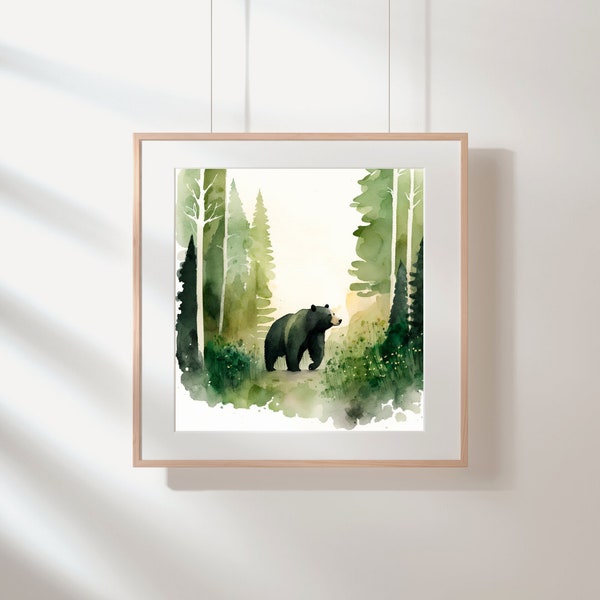 Bear in the Forest - Green Watercolour Print - Wall Art - Digital Download - 1:1