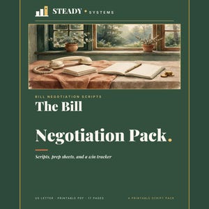 Może przedstawiać: Ciemnozielona okładka dokumentu cyfrowego zatytułowana Steady Systems The Bill Negotiation Pack. Zawiera ilustrację biurka z telefonem, notatnikiem i monetami oraz tekst Scripts, prep sheets, and a win tracker.