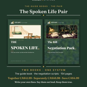 Może przedstawiać: Dwie książki zatytułowane The Spoken Life oraz The Bill Negotiation Pack od Steady Systems. Pierwsza okładka przedstawia pokój z oknem i stołem, druga biurko z lampą i papierami. Tekst zawiera Write your own lines. Say them out loud. Keep them true oraz 154 strony.