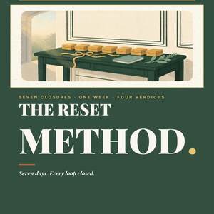 Puede incluir: Una guía digital titulada The Reset Method de Steady Systems. La portada presenta una ilustración de una mesa verde oscuro con siete cajas pequeñas, una cinta, un libro y una ramita. El texto incluye Seven closures, one week, four verdicts.