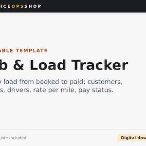 May include: A digital Airtable template titled Job & Load Tracker from ServiceOpsShop. The text lists features including customers, trucks, drivers, rate per mile, and pay status. A setup guide is included with this digital download.
